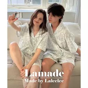 [라리리](팩토리스토어 강남점)라메이드 페일블루 반팔 잠옷 상하세트 커플 파자마 빅사이즈 홈웨어 (44...