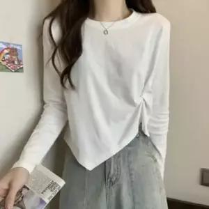 여성 심플 사이드 셔링 간절기 레이어드 꼬임 언발란스 롱슬리브 티셔츠