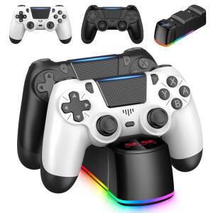 PS4 컨트롤러용 충전 도크 스테이션이 있는 ewnol 2 팩 컨트롤러, /Pro /Slim 콘솔과 호환되는 무선 LED 도크, 블랙 앤 화이트