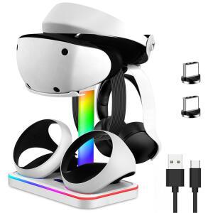 플레이스테이션 VR2용 JDGPOKOO 충전 스탠드, VR 헤드셋 디스플레이 스탠드가 있는 PSVR 2용 스테이션, LED 표시기가 PS5 컨트롤러 도크, 7 라이트 모드, 타입-C 케이블