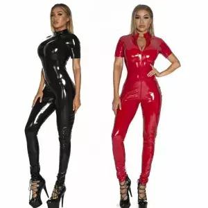 여성용 한 PVC 라텍스 캣수트 반팔 인조 가죽 점프수트 지퍼 바디 파티 의상 S5XL