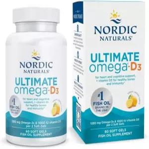 노르딕 내추럴 얼티밋 오메가D3 레몬 맛 부드러운 젤 60개 1280mg 1000IU 비타민 D3 EPA 및 DHA 뇌 심장