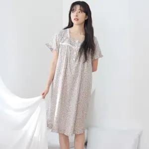 메이플라워 보라잔꽃 반팔 순면 여성 빅사이즈 원피스 잠옷