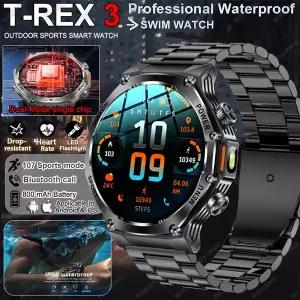 2026년 신형 T-Rex 3 밀리터리 등급 스마트 워치 남성용 1000mAh 배터리 IP68 방수 손전등 GPS 블루투스 통