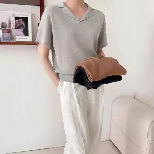 TE 비스코스혼방 모던 여름 미시 데일리 캐주얼 반팔 니트 오픈카라 40대 여성