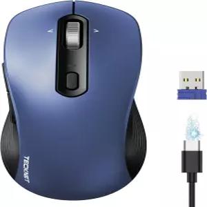 TECKNET 충전식 블루투스 마우스 USB BT5.0 무선 인체공학적 4방향 스크롤 휠 컴퓨터 6레벨 4800 DPI 무음