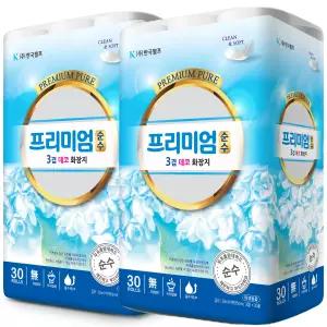 한국펄프 프리미엄순수3겹데코화장지30M*30롤,2개
