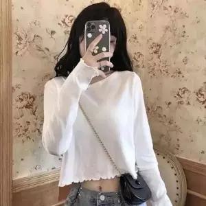 [하프클럽/]화이트 크롭티 여성 긴팔 밑단셔링 러블리 라운드 스포티 레이