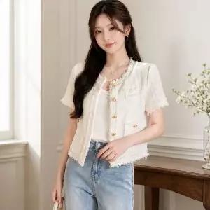 [하프클럽/]여성 금장단추 트위드 반팔 자켓 화이트 프린지 디테일 클래식