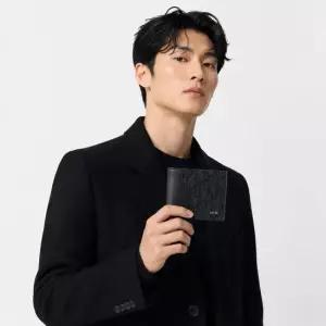 디올옴므 디올 Saddle 반지갑 - 블랙 그레인 송아지 가죽 마르퀘트리 블랙 Dior Oblique 자카드