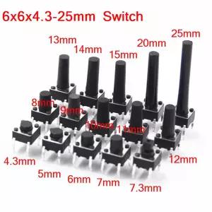 6x6mm 패널 PCB 순간 촉각 택트 미니 푸시 버튼 스위치 DIP 4핀 6x6x4.3/5/6/7.3-25 MM 6x6x4.3MM 5MM 6MM