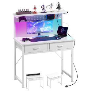 MUTUN 서랍이 있는 소형 책상, 전원 조명이 PC 테이블, 페그보드가 모니터 LED 필기 및 78.7CM(31인치) 현대적인 스터디 컴퓨터 콘센트 게이밍 가능한 화이트 침실용 조절 스탠드