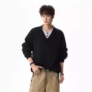 룽나루 남성용 회색 봄 빈티지 캐주얼 투피스 가짜 브이넥 맨투맨 헨리넥 풀오버 HO1