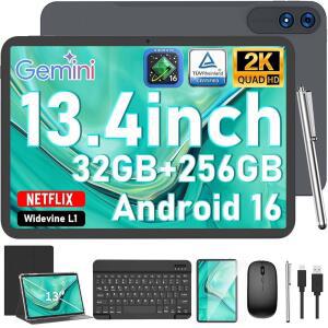 13인치 태블릿, 안드로이드 16 태블릿 키보드, 32GB+256GB+2TB 확장, 120Hz 1920x1200 IPS 디스플레이, 제미니 AI, 00mAh, 8코어, Wi-Fi, GPS, 대화면 2K PC 케이스, 마우스, 스타일러스(블랙)