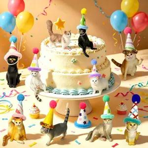 고양이 피규어와 미니 생일 모자를 포함한 재사용 가능한 동물 모양 케이크 장식 20개 파티와 테마