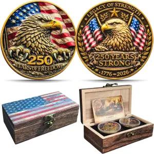 250주년 기념 미국 주화 세트 나무 선물 상자 애국 독수리 및 리버티 벨 1776-2026 자유 기념품 참전 용사