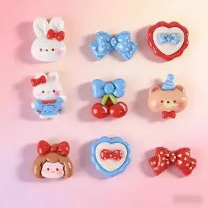10Pcs 귀여운 레드 블루 플라워 하트 체리 플랫 백 수지 카보숑 스크랩북 DIY 쥬얼리 머리핀 공예 장식