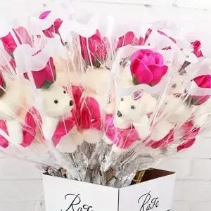 5PCS 인공 장미 곰 꽃 비누 꽃다발 세트 어머니의 날 발렌타인 생일 웨딩 홈 장식을위한 사랑스러운 선물