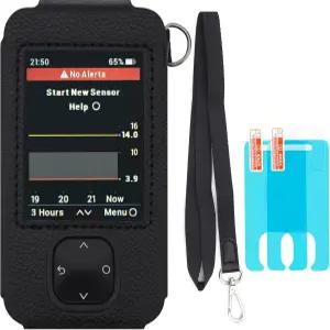 랜야드 2PCS 스크린 프로텍터가 있는 Swiatla Dexcom G7 리시버 가죽 케이스(블랙)