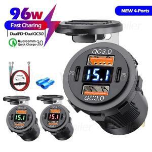 새로운 4포트 12-24V 96W 차량용 충전기 전원 콘센트 소켓 듀얼 QC3.0 USB 및 PD3.0 Type-C LED 전압계가