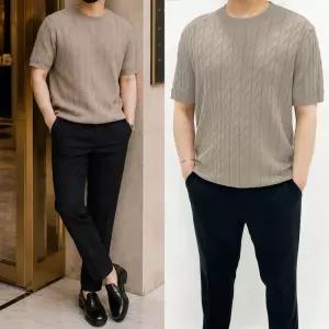 남자 남성 여름 반팔 라운드 니트 티셔츠 케이블 패턴 기본핏 6color 위스트 반팔 라운드 니트