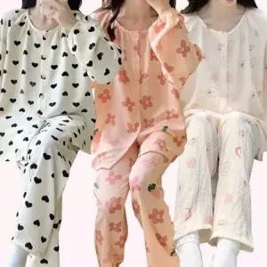 요루면 잠옷세트 3종) 러블리 거즈면 주름가공 긴팔+긴바지 잠옷세트 3컬러 단품) 2026