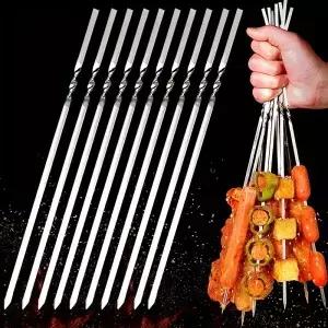 10PCS Kabob 꼬치 플랫 금속 스테인레스 스틸 바베큐 12 안티 롤 헤비 듀티 Shish Kebob 스틱 와이드