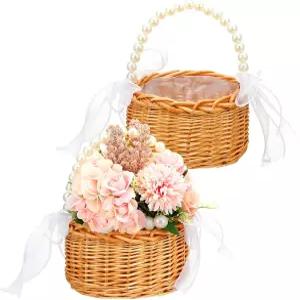2 PCS 위커 라탄 플라워 걸 바구니 결혼식 꽃걸 진주 손잡이와 활 요정 홈 웨딩 장식용 손으로 짠 소박한