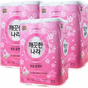 깨끗한나라 벚꽃 로맨틱 3겹 화장지 27m 30롤 3팩 (90롤)