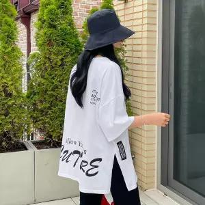 [핑크시슬리] 리셋 V넥 레터링 패치라벨 트임 루즈 롱 반팔티