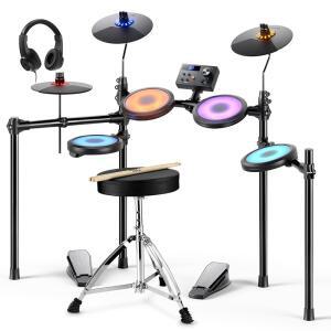 도너 DED-70L 전자 드럼 세트 LED 15개, 충전, 키트 조명이 9인치 MIDI, 헤드폰, 레슨 스틱, 및 패드 메시 타입-C 심벌즈, 150개, USB 사운드 페달 있는 2개, 멜로디 왕좌, 조용한