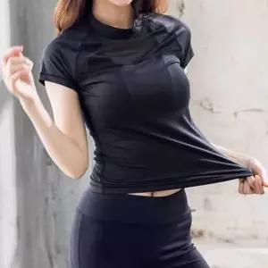 여자 요가 티셔츠 반팔 상의 시스루 스피닝 폴댄스 남자필라테스복 요가 (W62601A)