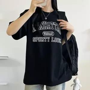 ( )여성 오버핏 순 면 여름 레터링 반팔 티 셔츠 블랙