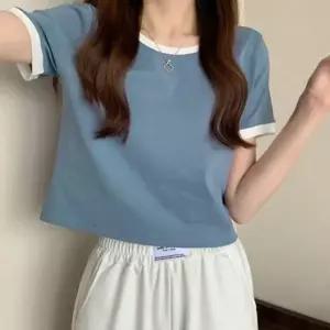 ( )여성 여름 라운드 기본 크롭 반팔 티 셔츠 블루