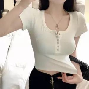 3컬러 페미닌룩 여름 슬림한 크롭 단추 반팔티셔츠