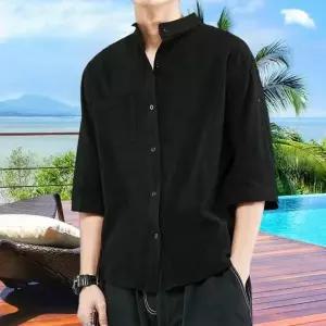 남자 7부 반팔 루즈핏 린넨 셔츠 여름넥 헨리 남방 쿨 셔츠
