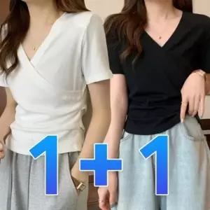 여성티셔츠 1+1 V넥 무지 여자 랩 티셔츠 여름 반팔티 면티 셔링