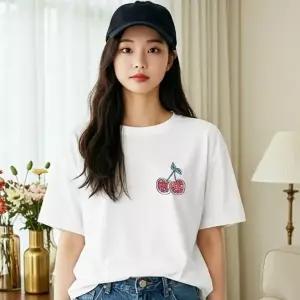 ( )여자 여름 체리 프린팅 면 반팔 티셔츠 여성 흰 티