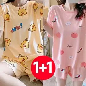 (선택 달달복숭아+러블리덕)여성 반팔 반바지 여름 잠옷 세트 2개 복숭아 오리 여자 파자마 예쁜 귀여운 파