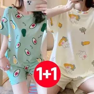 (선택 베어카도+클로버래빗)여성 반팔 반바지 여름 잠옷 세트 2개 베어 카도 토끼 여자 파자마 예쁜 귀여운