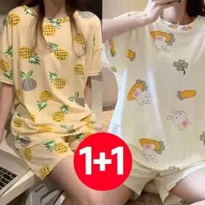 (선택 파인애플+클로버래빗)여성 반팔 반바지 여름 잠옷 세트 2개 파인 토끼 여자 파자마 예쁜 귀여운 파티