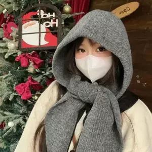오이소 니트 후드 바라클라바 여성 겨울 모자 목도리 겸용