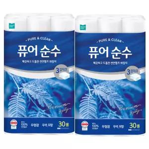 모나리자 퓨어 순수 3겹 데코 30롤 x 2팩 롤화장지 롤휴지 두루마리