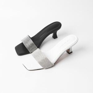 [신난다슈]여성 뮬 슬리퍼 샌들 힐 6cm 여자 여름 뮬 샌들 큐빅 일자 스트랩 토오픈 사각코 데일리 BS25003