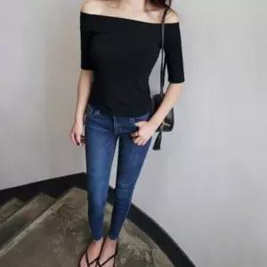 여성 입술넥티 7부소매 슬림 보트넥 티셔츠 7부 티셔츠 7부 (WFK33RZ)