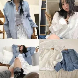 [모코블링]쿨터치 스트라이프 시어 셔츠오버핏셔츠스트라이프셔츠포켓셔츠카라셔츠장마룩햇빛차단