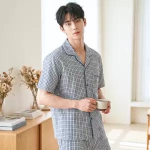 보디가드 남성 잠옷 세트 면 레이온 남자 홈웨어 상하 반팔 여름 7부 하의 블루 체크 브랜드 BBMNC403
