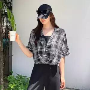 [핑크시슬리] SET/팀플 쿨시스루 체크 오픈카라 언발 블라우스and나시세트