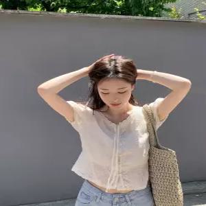 [여리핏/하객룩] 벨린 레이스 블라우스 / 여름 반팔 자수 펀칭 퍼프 셔링 블라우스