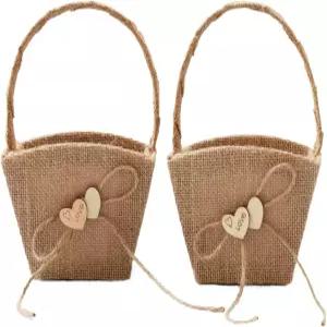 빈티지 소박한 결혼식을 위한 ATAILLOVE 2PCS 버랩 웨딩 플라워 걸 바구니 더블 러브 하트 앤 보크노트
